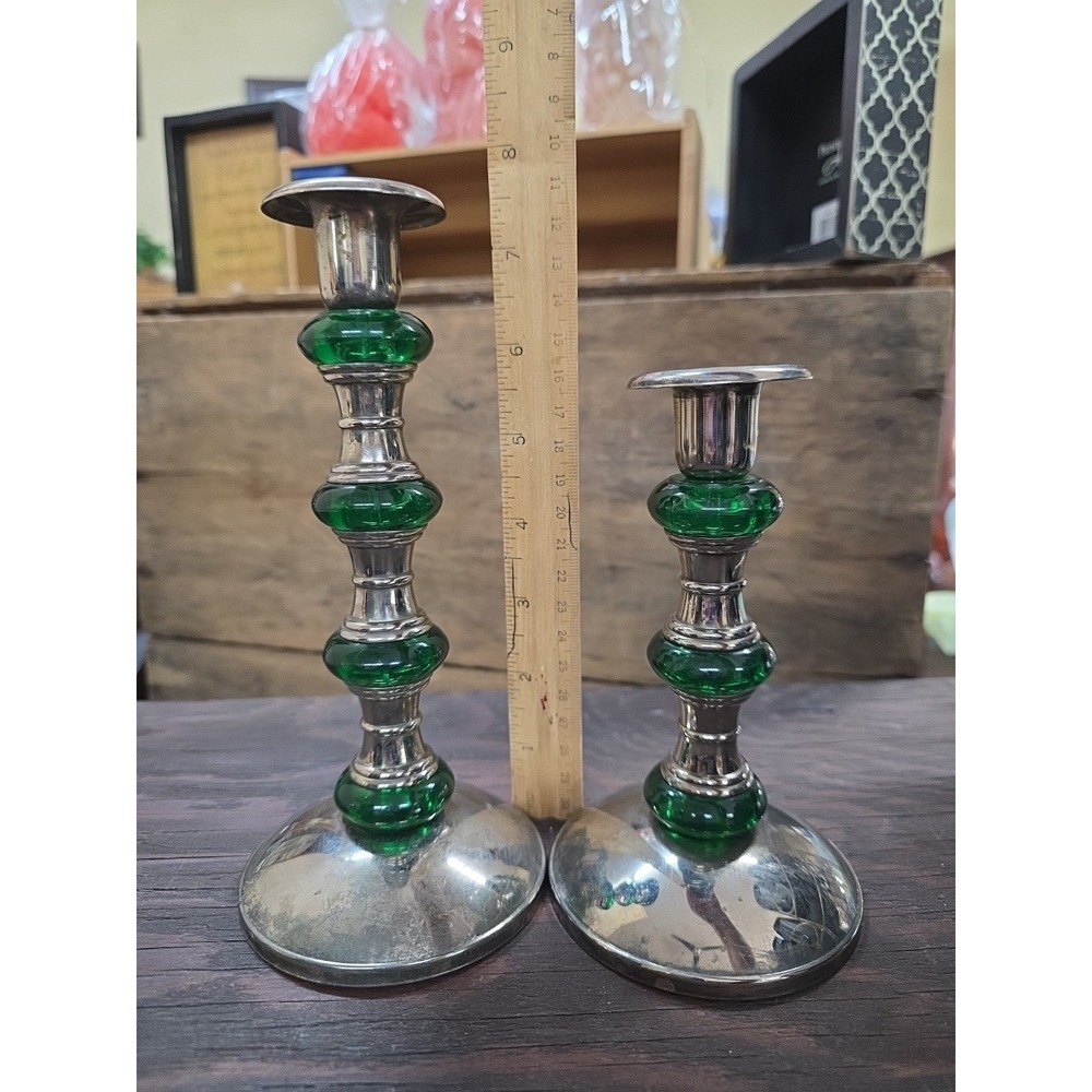 Pair of VTG Mercury Glass Candlesticks with Green Glass Accents - Glows Blue - Picture 5 of 5